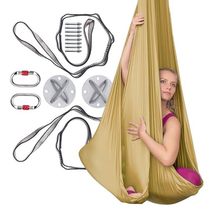 AyuHome Aerial Silks Yoga Swing Aerial Hammock Kit for Home | Premium aerial silks yoga swing kit with rigging hardware for aerial yoga, gymnastics, and home fitness - color: Aerial silk - Gold - New