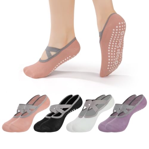 4 Pairs Pilates Socks with Grips for Women X-Cross Straps Workout Ballet Dance Hospital Socks - color: Beige, Black, Pink, Purple