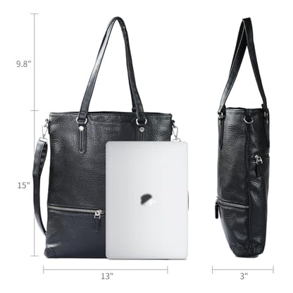 Lassviin Laptop Tote Bag, Leather Work Tote for Computer Bag Waterproof Lightweight Shoulder Bag Purse Handbag Crossbody Bag - color: Black - Medium