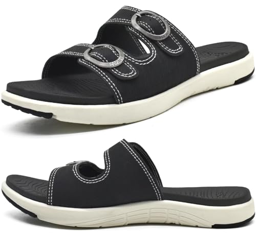 COFACE Womens Orthotic Slides Comfort Plantar Fasciitis Arch Support Slip on Flat Sandals Ladies Soft Cushion Fashion Yoga Mat Slippers With Adjustable Straps - color: Black, size: 7