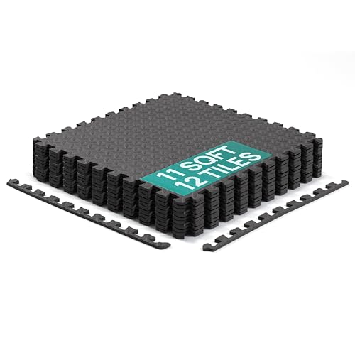 Yes4All EVA Interlocking Mats, Puzzle Floor Tiles, Foam Floor Padding with Border for Furniture, Home Space, Living Room, Garage 11 SQFT - color: Black, style: 3/4" Thickness, 11 SQFT