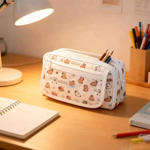 JUTOROSY Large Capacity Anime Pencil Case, 9-Compartment Pen Organizer | Wide Opening Pencil Pouch With 9 Compartments for Organized Storage of Pens, Markers, Erasers & Other School Supplies - color: White Kapibala