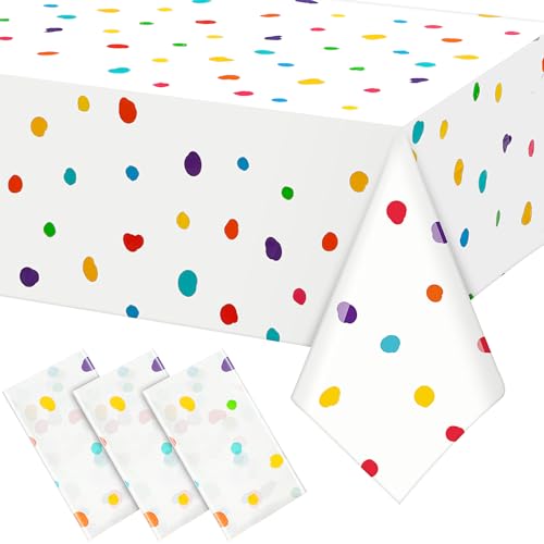 Mindsoft 3 Pcs White Rainbow Polka Dots Plastic Tablecloth Party | Disposable Table Covers for Birthday Wedding Celebration, Dalmatian Print Design, Easy Cleanup, Modern Art Decoration - color: White, style: Rainbow Polka Dots