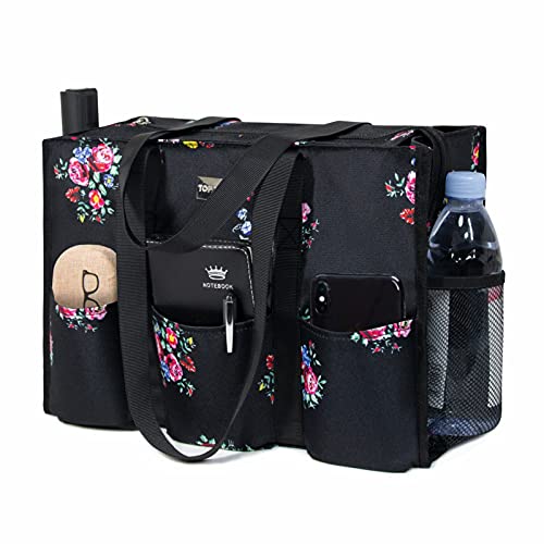 TOPDesign Utility Water Resistant Tote Bag with 13 Pockets, Zipper Closure - color: Blooming Flower, size: Medium
