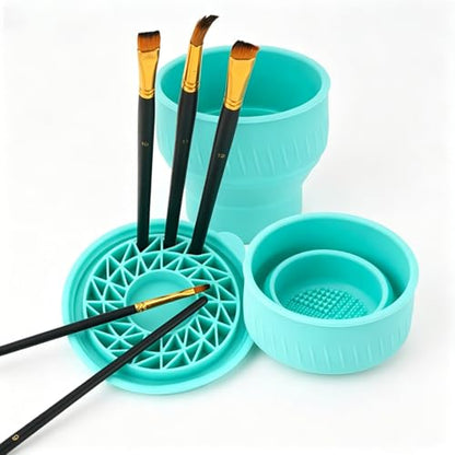 Collapsible Paint Brush Cleaner with Lid, Silicone Paint Water Cup with Scrubber Bottom for Watercolor Acrylic Oil Painting, Portable Brush Washer Holder for Artists & Students, Green