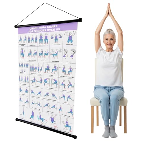 Chair Yoga Wall Chart, 31 Poses Free Weight Body Building Guide, Seated Exercise Poster with Hanging Rod & Rope, Yoga Positions & Stretching Workouts for Home or Office Use, 24*16inch(SIZE:24*16inch)