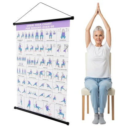 Chair Yoga Wall Chart, 31 Poses Free Weight Body Building Guide, Seated Exercise Poster with Hanging Rod & Rope, Yoga Positions & Stretching Workouts for Home or Office Use, 24*16inch(SIZE:24*16inch)