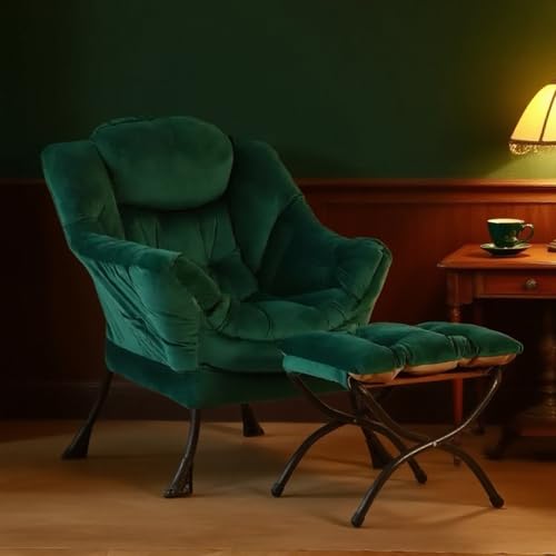 Tiita Lazy Chair with Ottoman, Comfy Reading Accent Chair, Velvet Green | Foldable Footrest, Padded Seat and Backrest, Side Pocket for Lounging in Living Rooms, Bedrooms, Dorms and Small Spaces - color: Green