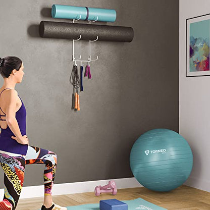 Wallniture Guru Yoga Mat Holder Wall Mount with 3 Hooks for Hanging Yoga Strap, Resistance Bands, 5-Sectional Metal - color: White, size: 19'' H | 3 Sectional