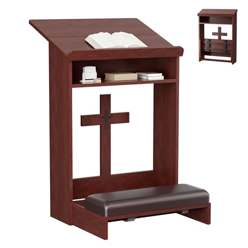 Foldable Prayer Kneeler, Wooden Prayer Bench with Storage Shelf, Cushion Pad, Rounded Corner Bookend and Customizable Cross Decoration, Reinforced Steel Tube Base Design (Mahogany) - color: Mahogany