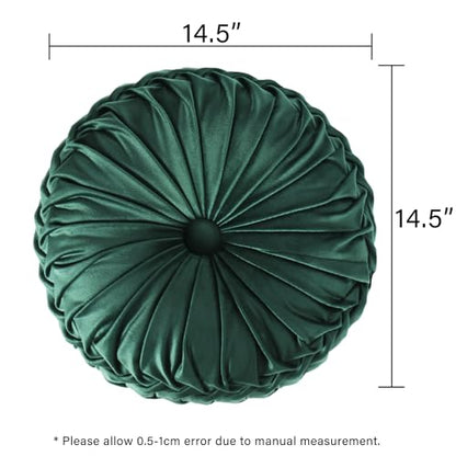 HIG Set of 2 Emerald Velvet Decorative Round Pleated Throw Pillows - color: Emerald