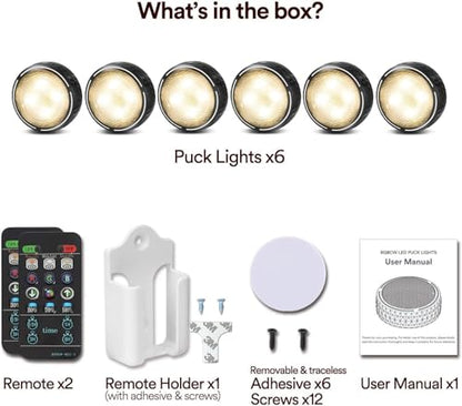 LED Puck Lights with Remote Battery Operated Under Cabinet Lighting Wireless Stick on Lights Color Changing Timer Tap Lights for Cabinets Shelves Closets Display Case - 6Pack Black | 3x1.2in, Wireless, Adhesive Stick on, Push Tap Lights for Cabinet, Kitch