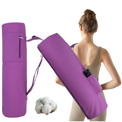 Cotton yoga mat bag with Pockets and Adjustable Strap - Full Zip Cargo Yoga Mat Carrier Bag - Bag for 1/4" 1/3" Thick Yoga Mat - color: Purple, size: XL