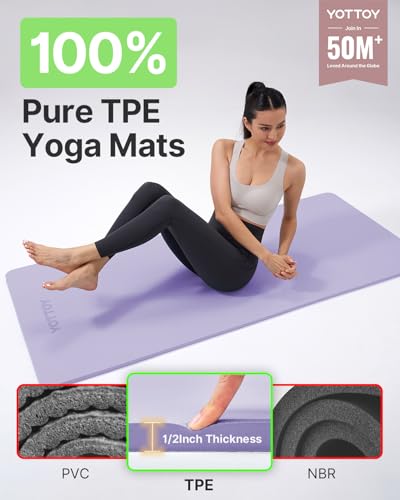 YOTTOY Yoga Mat，Extra Thick Yoga Mat (1/2inch),Professional TPE Exercise Mat,Non-Slip Workout Mat for Yoga, Pilates, Fitness, Barefoot Workouts, Home Gym Studio with Strap - color: Purple, size: 72*24*1/2inch