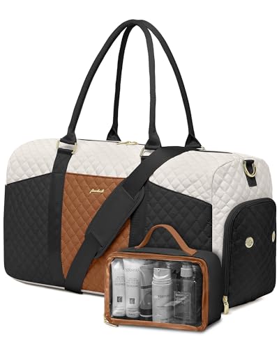 Women Weekender Travel Duffle Bag: Travel Duffel Overnight Bags with Shoe Compartment Large Carry on Tote with Toiletry Bag Weekend Traveling Yoga Gym Hospital Bag for Women with Wet Pocket - color: 10-Black Beige Brown, size: Large