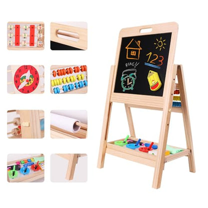 QZMTOY Kids Art Easel, Deluxe Standing Easel Set, Adjustable Art Table, Dry Erase Board & Chalkboard Double Sided Stand, 360 Rotating Drawing Easels with Art Supplies, Adjust Height 28-39in