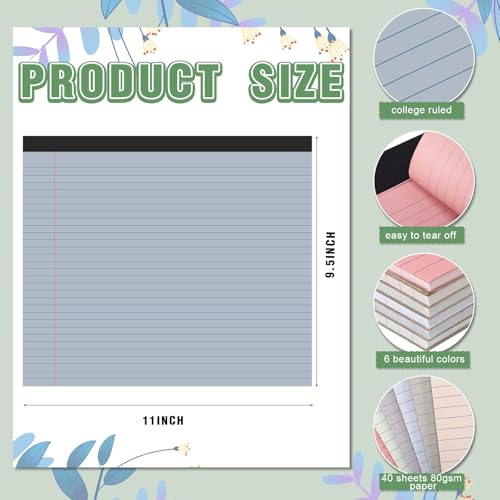 Lincia 6 Pcs Legal Pads Landscape Notebook, Aesthetic Color | 11" x 9.5" College Ruled Notepad,Horizontal Lined Notebook, 40 Sheet, 80 Gsm, Assorted Colors Paper, Pastel Writing Pad - color: Aesthetic Color