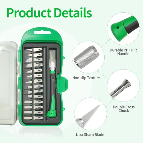 Precision Craft Knife Set with 15 Replacement Blades - Ergonomic Non-Slip Handle Hobby and Exacto Knife Set with Protective Cover for Art, Scrapbooking, Architecture Modeling, Stenciling (Green) - color: Green