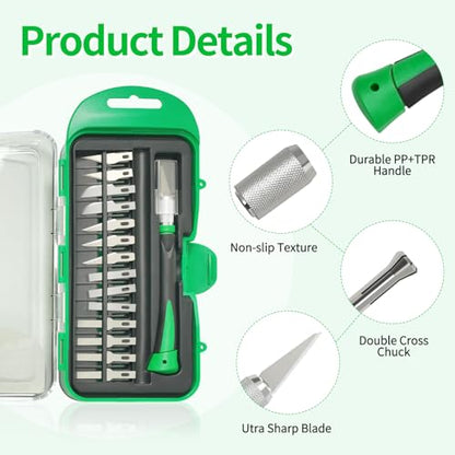 Precision Craft Knife Set with 15 Replacement Blades - Ergonomic Non-Slip Handle Hobby and Exacto Knife Set with Protective Cover for Art, Scrapbooking, Architecture Modeling, Stenciling (Green) - color: Green