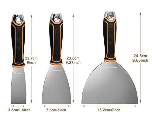 ROLLINGDOG 3PC Putty Knife Set (1.5", 3", 6") | Stainless Steel Spackle Knife Set, Ergonomic Rubber Gripped Handle, for Scrapering, Drywall Repairs and Spreading