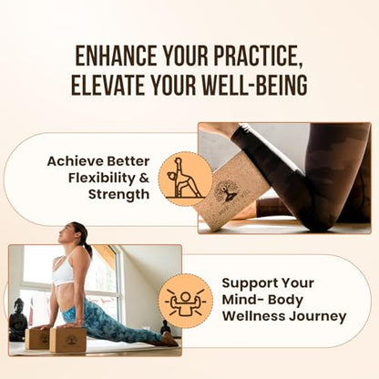 MHW - LIVE WELL Cork Yoga Block – Natural Anti-Slip Yoga Block for Stability & Deepening Poses - 9x6x3 Inches, Single (Cork, Pack of 2)