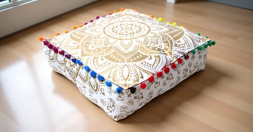 INDIAN CRAFT CASTLE Mandala Mandala Barmeri Large Floor Pillow Cover Cushion Meditation Seating Ottoman Throw Cover Hippie Decorative Zipped Bohemian Pouf Ottoman Cases (Golden, 16" Square)