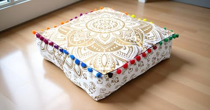 INDIAN CRAFT CASTLE Mandala Mandala Barmeri Large Floor Pillow Cover Cushion Meditation Seating Ottoman Throw Cover Hippie Decorative Zipped Bohemian Pouf Ottoman Cases (Golden, 16" Square)