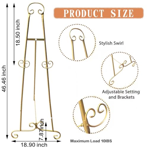 46" H Adjustable Metal Display Easel - Vintage Gold Scroll Design, Rust-Proof Metal Stand for Showcasing Pictures, Artlork, Picture Frame and Wedding Signs