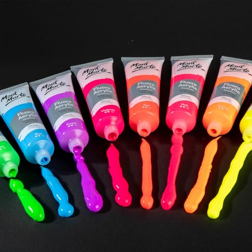 Mont Marte Fluoro Acrylic Paint Set, 8 x 1.02oz (36ml) Tubes, 8 Colors, Suitable for Most Surfaces Including Canvas, Card, Paper and Wood