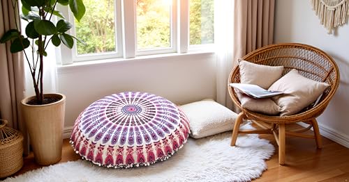 CRAFT KALA 32" Large Round Bohemian Floor Pillow Cover Boho Pouf Cover Mandala Meditation Room Pillows Cover Adults Seating Poufs Cushion Cover for Kids Reading Playroom New Pink Mirchi - color: New Pink Mirchi