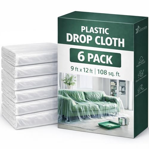 GREEN LIFESTYLE Plastic Drop Cloths for Painting 12 x 9 ft [6 Pack] – Waterproof Paint Drop Cloth, Plastic Sheets Floor Cover, Disposable Tarp for Furniture Protection, Remodeling and Moving - size: 6 Pack - 9x12