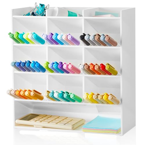 MotiMind Acrylic Pen Organizer Storage for 150 Markers Vertical Marker Organizer Acrylic Pen Display Holder for Office Desk Desktop Stationery Pencil Storage, White, 10.2 x 4 x 9.8 Inch - color: White, size: 10.2 x 4 x 9.8 inch, style: 150 Markers