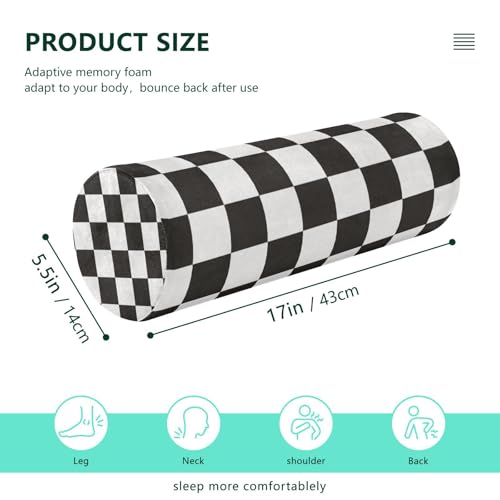 Checkered Black Neck Roll Pillow Bolster Round Health Memory Foam Long Cervical Cylinder Pillows with Removable Washable Cover for Body Bed Legs Back Yoga - color: Checkered Black