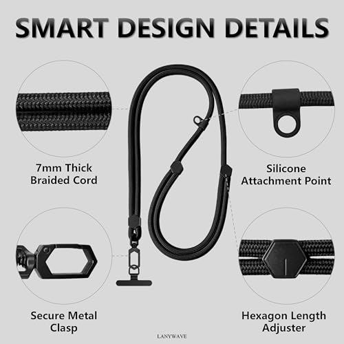 Adjustable Crossbody Phone Lanyard, Braided Cord with Tether Tab | Braided cord, Tether tab, Secure clasp, Accessory clip for hands-free crossbody use - color: Black