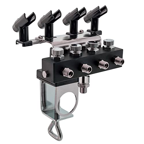 Master Airbrush Holder Station with 4-Way Air Splitter Manifold, Holds Up To 4 Airbrushes - Clamp on Work Table, Benchtop, Mount onto Compressor Air Filter Regulator - Regulated Hose Airflow Pressure