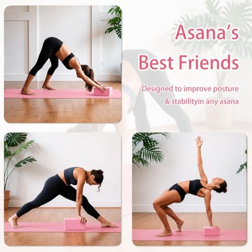 2 Yoga Blocks Supportive Accessories including 2 Knee Pads, 2 With Strap To Put Less Weight On Wrists, 1 Muscle Massage Roller, 2 Pair of Non-Slip Pilates Socks, 1 GYM Bag, Durable Versatile Yoga Brick Exercise Set of 10 - color: Pink