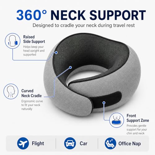 Travel Pillow for Airplane, Memory Foam Neck Pillow for Travel with Chin Support, Washable Cover & Storage Bag, Ergonomic 360° Neck Support for Long Flights, Car, Office, Home, Max Grey - color: Grey