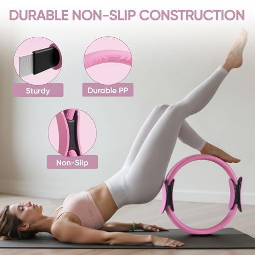 Home Pilates Ring and Ball Set for Women with 5 Resistance Bands 13 inch Magic Circle Workout Starter Kit for Beginners Full Body Toning 15 Min Daily Routine - color: Gradient Pink