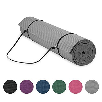 Gaiam Essentials 1/4" Thin (6mm) Yoga & Pilates, Fitness & Exercise Mat with Easy-Cinch Carrier Strap Cusion Support For Fitness and Gym Workouts - color: Grey