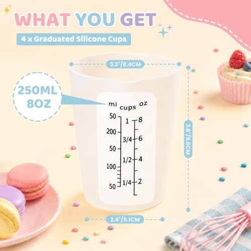 4Pcs Silicone Resin Mixing Measuring Cups 250ml / 8oz for Resin Supplies, Easy-to-Read Black Marks, Non-Stick Reusable Silicone Pouring Cups for Epoxy Mixing - size: 4*250ml (Black Marks)