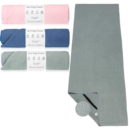 Hahafelt 3 Pack Hot Yoga Mat Towel Non Slip, Morandi Pink Blue Green - color: Morandi Pink Blue Green