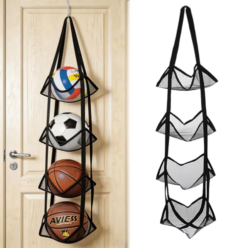 2Pcs Mesh Ball Storage Organizer, 4-Tier Basketball Holder for Garage Door or Wall-Mounted Vertical Ball Holder Sports Ball Storage for All Sports Balls, Yoga Mat, Towels and Snacks, Black