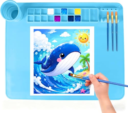 Silicone Painting Mat, 20"X16" Craft Mat,Large Art Mat Clay Mats | Paintbrush Holder, Nonslip Color Dividers Silicone Mats with Built in Cup for Painting, Table, Resin and DIY Blue - color: Blue