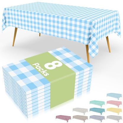 Smiry 8 Packs Gingham Disposable Table Cloth, 54 x 108 Inch Waterproof Plastic Tablecloth, Rectangle Baby Blue and White Checkered Table Covers for Picnic, Birthday, Party - color: Baby Blue and White, size: 54"x108" (Pack of 8)