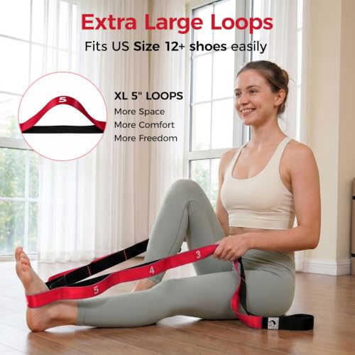 Slim Panda Stretching Strap with Loops - Non-Elastic Heavy Duty Nylon Yoga & PT - Oversized Multi-Loop Home Rehab - Hamstring Shoulder Pilates Flexibility - color: Red