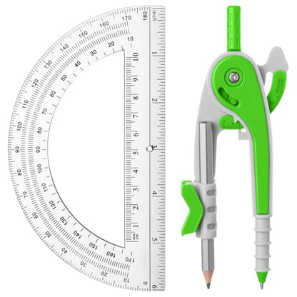 EBOOT Student Geometry Math Set, Drawing Compass and 6 Inch Clear Swing Arm Protractors 180 Degree Math Protractor (Green) - color: Green