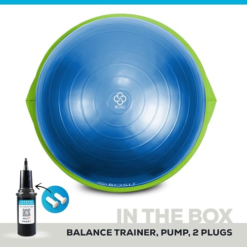 Bosu Balance Ball Exercise Trainer, Home Gym Equipment w/Guided Workouts & Pump, 26" Inflatable Fitness Platform for Strength Training, Standing, Balancing, and Core Workout - color: Blue/Green