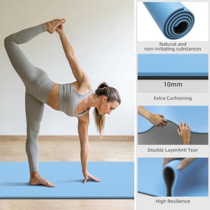 10mm0.4"TPE Yoga Mat Thick Wide Large for Home Workout Carrying Strap | Non Slip Exercise Mats Cushioned Joint-Friendly Stable,76"x28"Extra long Tapis Entrainement Au Sol Fitness,Pilates Gym Travel - color: blue