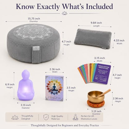 Meditation Cushion Set with Buckwheat Zafu Pillow, Meditation Starter Kit | Meditation Starter Kit with Buckwheat Zafu Cushion, Breathing Light, Singing Bowl & Eye Pillow for Mindfulness