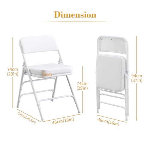 Padded Folding Chair Indoor Metal Frame Foldable Chair White | Comfortable Thick Vinyl Cushion Seat Durable Elegant Upholstered Single Chair for Small Space Home, Office and Events - color: White